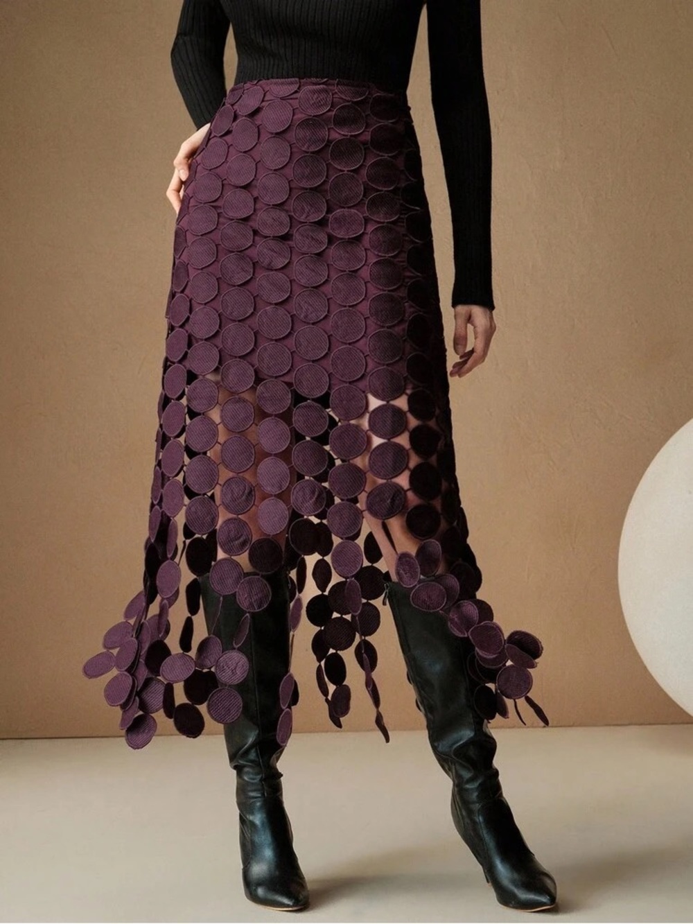 Plum Circle Appliqué Midi Skirt